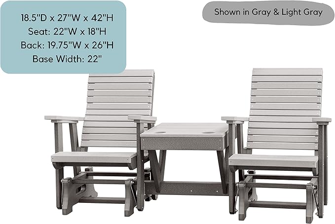 DutchCrafters Modern Horizontal Slat High Back Poly Double Glider Chairs with Center Table Outdoor Patio Furniture (Black & Weatherwood)
