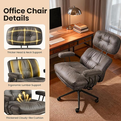Home Office Desk Chair, Mid-Century Modern Office Chair with Adjustable Lumbar Support, Thickened Cushion Executive Desk Chair with 360 Rolling Swivel for Meeting Game Study Room(Dark Grey)