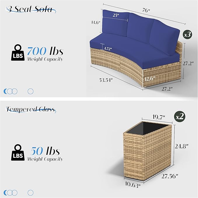 Patio Furniture Sets, 11 Piece Half-Moon Sectional Round Sofa Set, Outdoor Patio Furniture with Cushions & Wedge Table for Beach, Pool, Balcony, Blue