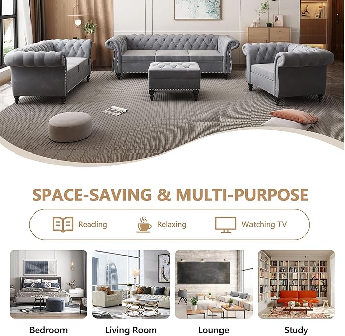 2 Piece Living Room Sofa Set, 3 Seater Velvet Sofa Couch and Chair Set, Mid Century Modern Upholstered Couch with Cushions, Comfy Tufted Chesterfield Couches for Living Room, Bedroom, Office