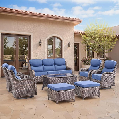 Swivel Patio Chairs Set of 3 with 6" Thick Cushion - Wicker Outdoor Swivel Rocker Patio Chairs with Side Table, High Back Comfortable Outdoor Glider Chairs - Brown Wicker Blue Cushion