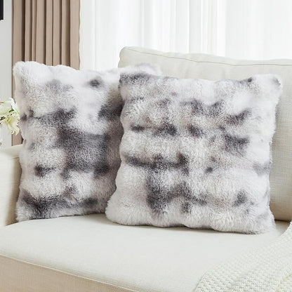 FUTEI Grey White Decorative Throw Pillow Covers 24x24 Inch Set of 2,Soft Fuzzy Faux Rabbit Fur European Cushion Covers with Raised Texture,Neutral Boho Home Decor for Couch Bed Living Room