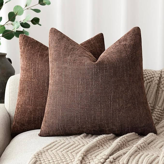 Foindtower Pack of 2 Soft Textured Chenille Throw Decorative Pillow Covers Square Accent Solid Cushion Cover Cozy Neutral Farmhouse Pillow Case for Couch Sofa Bedroom Living Room 20x20 Inch,Red Brown