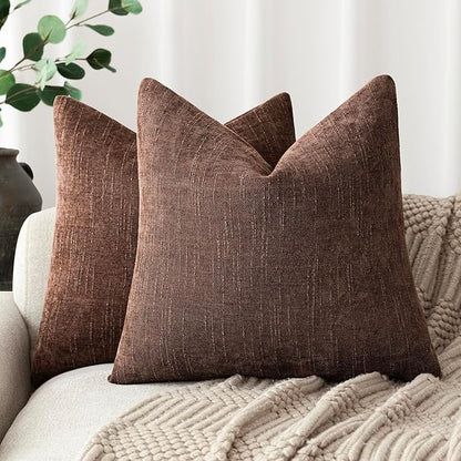 Foindtower Pack of 2 Soft Textured Chenille Throw Decorative Pillow Covers Square Accent Solid Cushion Cover Cozy Neutral Farmhouse Pillow Case for Couch Sofa Bedroom Living Room 20x20 Inch,Red Brown