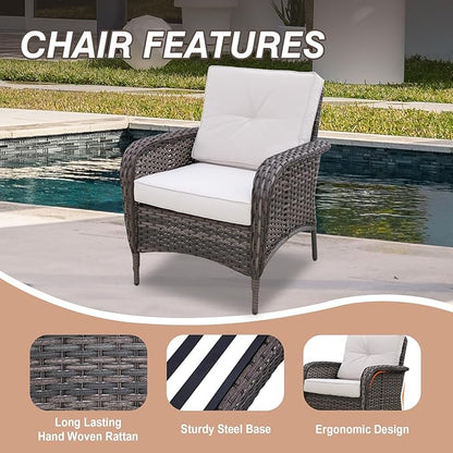 COOS BAY Vintage Courtyard Patio Furniture Set, Wicker Outdoor Furniture, Patio Conversation Sets, 2 Chairs, Loveseat and Coffee Table, 4 Pieces, Gray/Beige