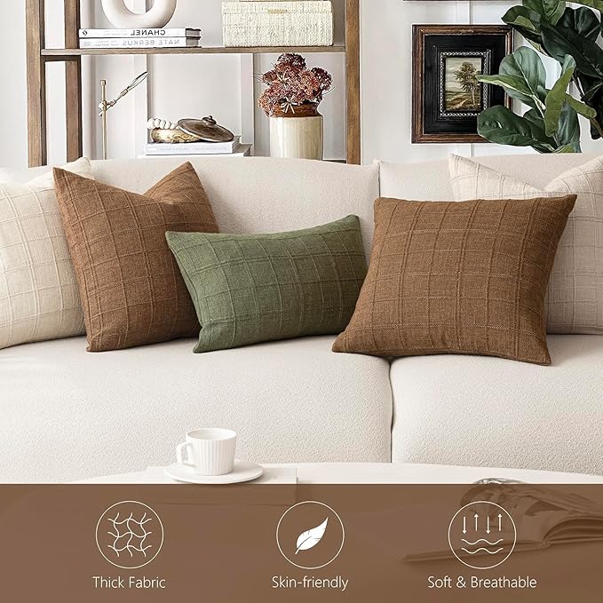 Foindtower Set of 2 Decorative Linen Check Throw Pillow Covers Neutral Farmhouse Vintage Cushion Covers Modern Boho Home Decor for Sofa Chair Couch Bedroom Living Room,20×20 Inch,Brown Hazel