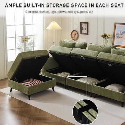 135'' Modular Sectional Sofa with All Seats Storage, Oversized U Shaped Couch for Living Room,4-Seater Comfy Cloud Couches with Movable Ottoman,Big Sectionals for Bedroom,Velet,Green