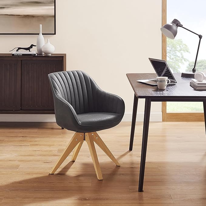 Zouron Mid Century Modern Accent Chair with Oak Wood Legs, Upholstered Swivel Chair No Wheels, Side Accent Armchair Vanity Chair for Small Space Home Office Living Room Bedroom, Black