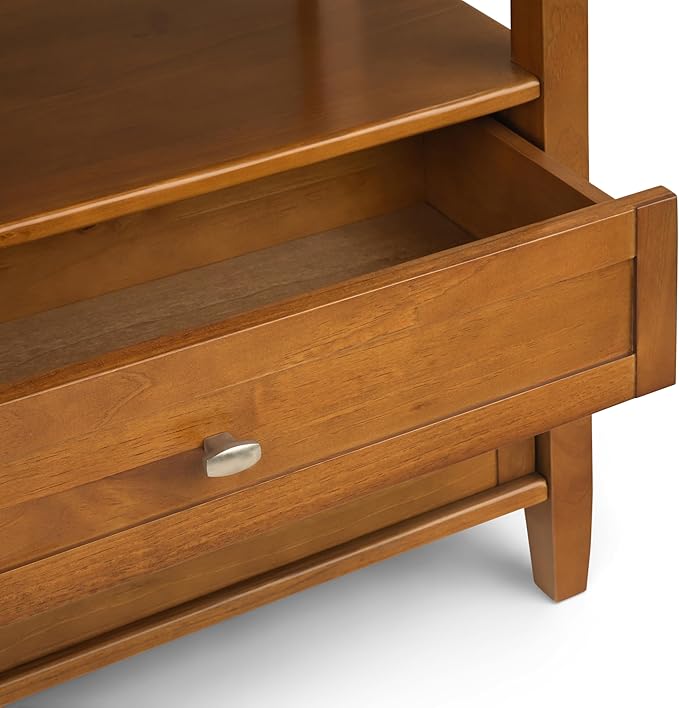 SIMPLIHOME Warm Shaker Wide Console Table - 60 Inch Wide Solid Wood Sofa Table in Light Golden Brown, Transitional Storage for Living Room with 4 Drawers, Open Shelf, and Brushed Nickel Knobs