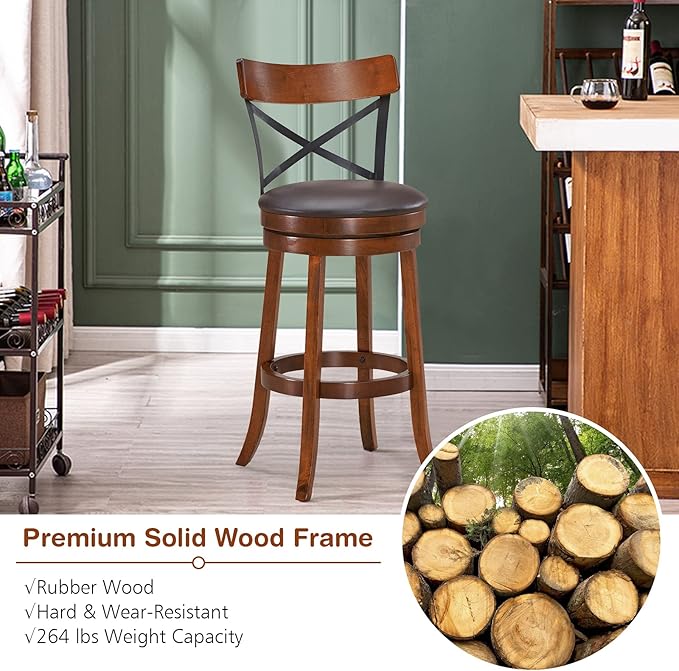 COSTWAY Bar Stool Set of 2, 360-Degree Swivel Solid Wood Stools with Soft Cushion & Backrest, 29.5”Height Kitchen Counter Bar Stools for Kitchen Island, Pub, and Restaurant (2, 29in)