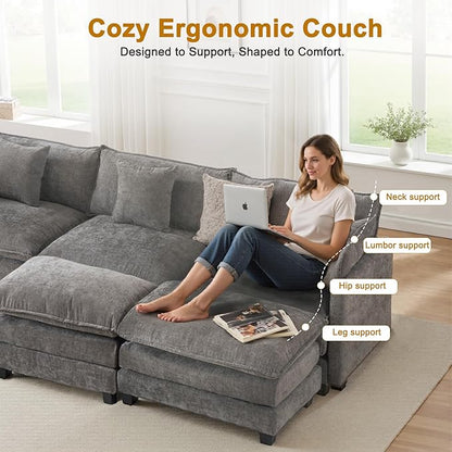 U-Shaped Cloud Chenille Sectional with 2 Ottomans, 146" Modular Sofa for Large Spaces, Ultimate Comfort with Deep Seats & Pillows, Solid Frame, 1YR Warranty