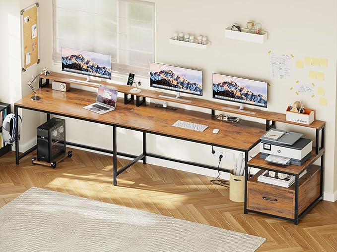 SEDETA L Shaped Office Desk, 66" Corner L Shaped Computer Desk with Wood File Drawer & Power Outlet for Home Office, Gaming Table with Led Lights, Monitor Shelf, Printer Storage Shelves, Rustic Brown