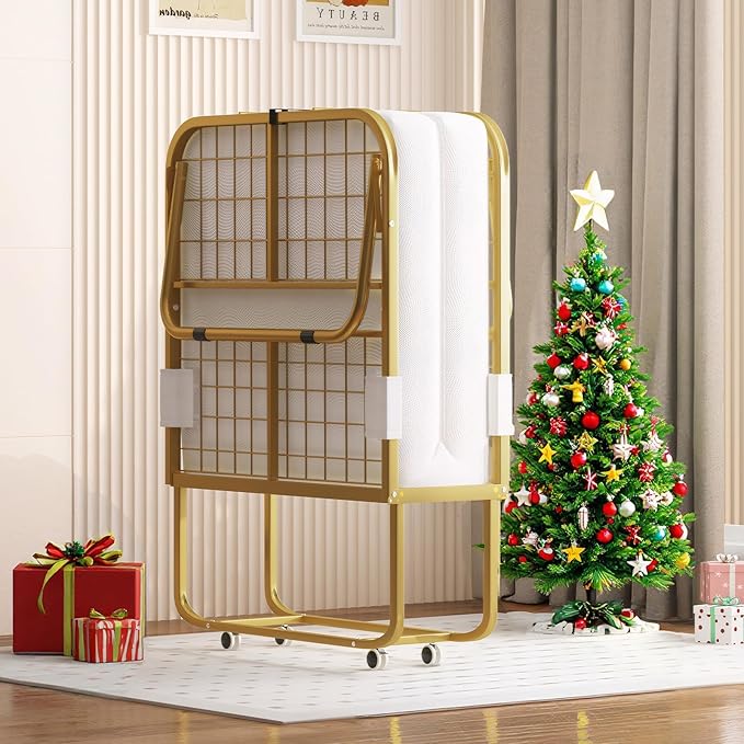Mjkone Folding Bed with 4" Memory Foam Mattress for Guests – Single Rollaway Bed, Space-Saving Portable Design, Lockable Wheels & Easy Assembly, 75" x 46" Foldable Guest Bed Frame (Gold)