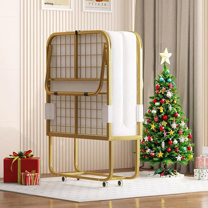 Mjkone Folding Bed with 4" Memory Foam Mattress for Guests – Single Rollaway Bed, Space-Saving Portable Design, Lockable Wheels & Easy Assembly, 75" x 46" Foldable Guest Bed Frame (Gold)