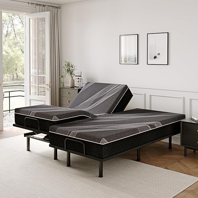 Split King Adjustable Bed Frame with 10 inch Gel Memory Foam Mattress, CertiPUR-US Certified Fiberglass Free, Zero Gravity & Wireless Remote, Head & Foot Incline, 80"×76"