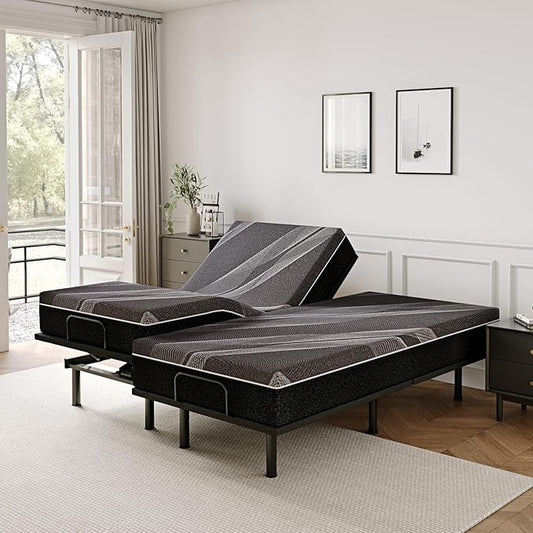 Split King Adjustable Bed Frame with 12 inch Gel Memory Foam Mattress, CertiPUR-US Certified Fiberglass Free, Zero Gravity & Wireless Remote, Head & Foot Incline, 80"×76"