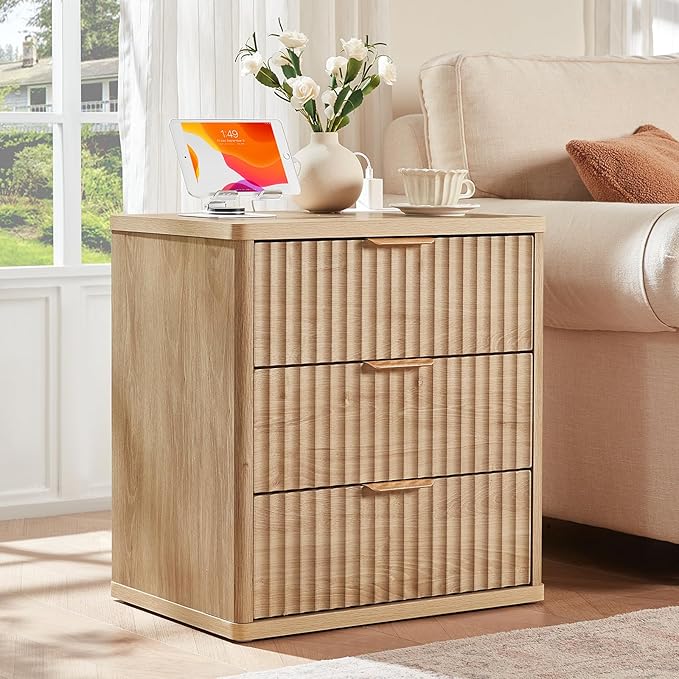 LEYAOYAO 23" Wide Fluted Night Stand with Charging Station, 3 Drawers Large End Table with Storage, Natural Nightstand Wood Bedside Tables, Farmhouse Cabinet Dresser for Bedroom, Closet