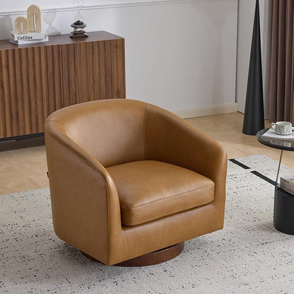AEDI Genuine Leather Swivel Accent Chair with Solid Wood Base, Upholstered Barrel Armchair for Living Room, Modern Small Club Chair,Genuine Leather,Camel