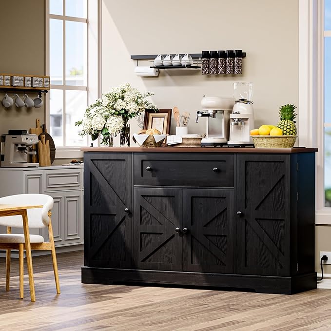 55.1" Buffet Cabinet with Storage, Charging Station, Modern Kitchen Buffet Sideboard with Drawer, Black Wood Coffee Bar with Adjustable Shelves & Spice Rack, Kitchen Storage Cabinet for Living Room