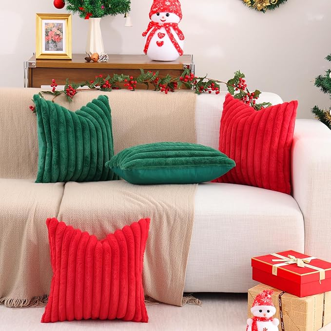 Pallene Faux Fur Plush Christmas Throw Pillow Covers 18x18 Set of 2, Luxury Soft Fluffy Striped Decorative Pillow Covers for Sofa, Couch, Living Room, Christmas Green
