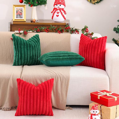 Pallene Faux Fur Plush Christmas Throw Pillow Covers 18x18 Set of 2, Luxury Soft Fluffy Striped Decorative Pillow Covers for Sofa, Couch, Living Room, Christmas Green