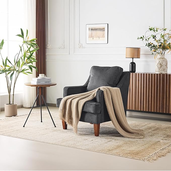 VINGLI Mid-Century Modern Accent Chair, Black Upholstered Armchair Comfy Sofa Chair Reading Chair High Back for Living Room Bedroom Furniture Apartment