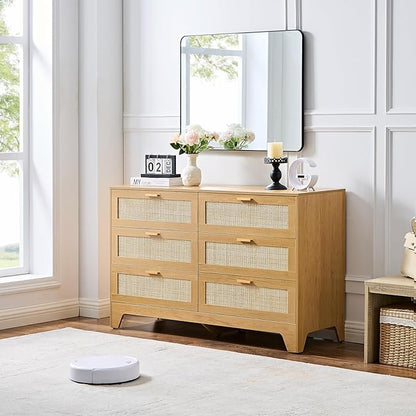 Natural Rattan 6-Drawer Dresser | Modern Bohemian Storage Chest – Includes Anti-Tip Wall Straps & Metal Slides | Versatile Furniture for Bedroom or Living Room