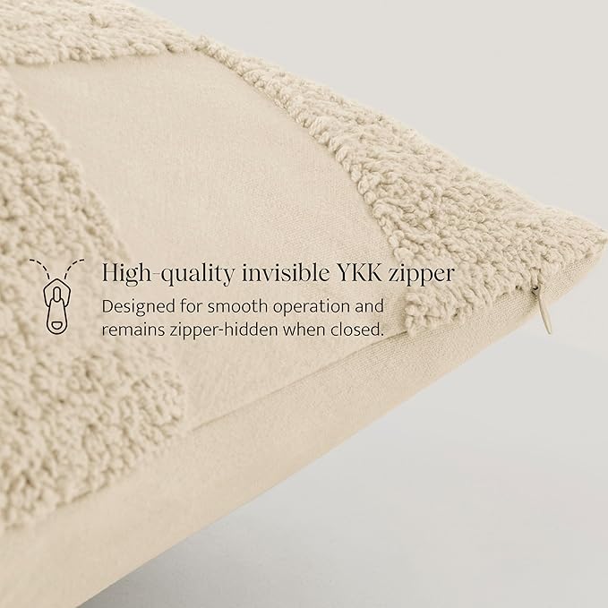 Double Stitch Checkered Throw Pillow Covers - 100% Cotton Set of 2 Tufted Boho Decorative Pillow Covers 20x20, Made in India, Square Cushion Case, Modern Home Decor for Couch, Sofa, Living Room, Beige