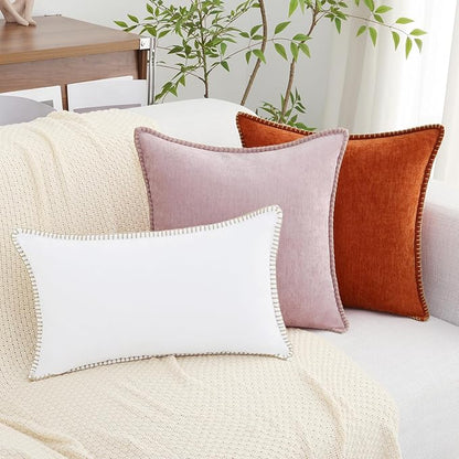 decorUhome Chenille Soft Throw Pillow Covers 20x20 Set of 2, Farmhouse Velvet Neutral Decorative Euro Pillow Covers with Stitched Edge for Couch Sofa Bed Home Decor, White