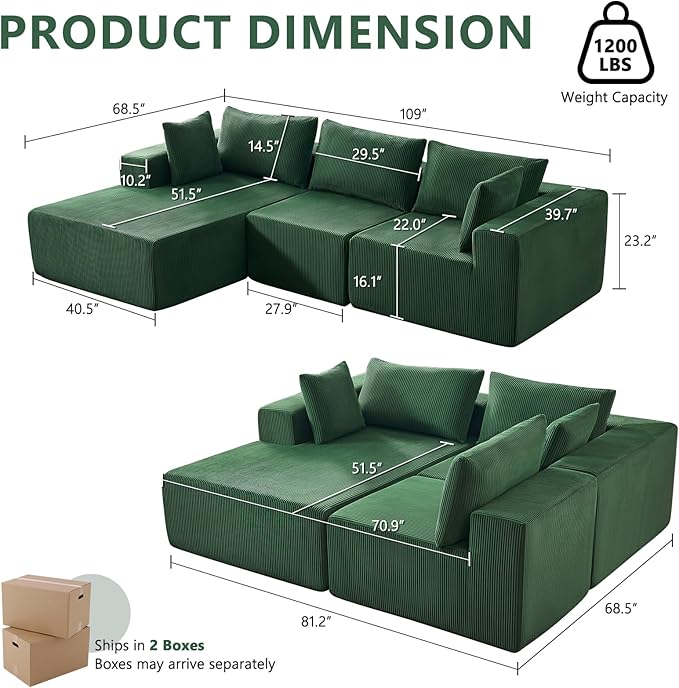 109" Cloud Sectional Couch, Boneless Couches for Living Room, Modular Sectional Sofa with Deep Seat, L-Shape Couch with Chaise, Comfy Corduroy Fluffy Modern Modular Sofa, No Assembly Required, Green