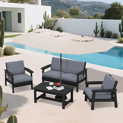 SERWALL HDPE Patio Furniture Set with 15FT Double Side Patio Umbrella, All Weather Wood-Like Outdoor Sofa Sectional Couch, Black Patio Furniture with Grey Cushions