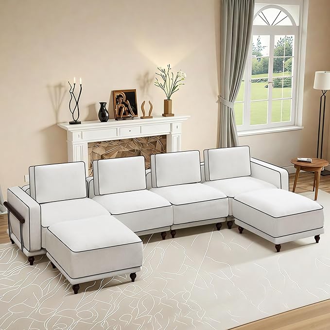 146" 4 Seater Cloud Couch with 2 Ottoman,Modular Sectional U Shaped Sofa with Armrests Wooden Legs,Oversized Deep Seat Comfy Thicked Cushion Upholstered Sofa for Living Room Bedroom,White
