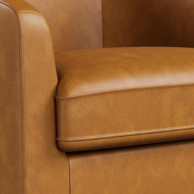 Swivel Barrel Accent Chair, Round Faux Leather Living Room Arm Chairs, Modern Upholstered Comfty Reading Nook Chairs for Bedroom, Small Club Armchair, Single Sofa Side Chair, Brown
