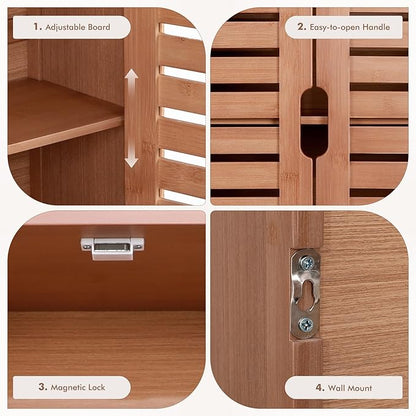 HYNAWIN Bamboo Wall Cabinet, Over Toilet Bathroom Furniture, Wall Mounted Storage Medicine Cabinet with Two Doors & Adjustable Shelves, for Bathroom, Kitchen, Living Room, Walnut, Dark Brown