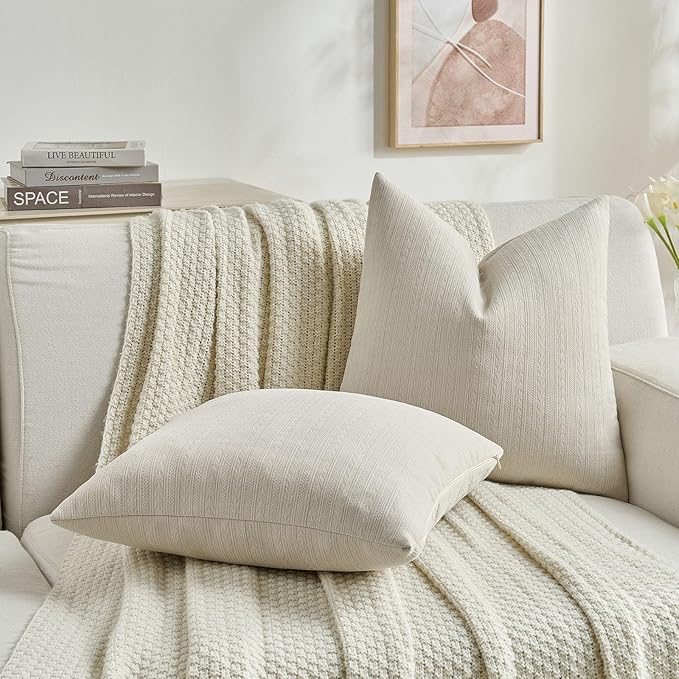 FUTEI Beige Decorative Throw Pillow Covers 20x20 Inch Set of 2,Soft Cozy Wheat Ear Striped Patterns Cushion Cases,Modern Home Decor for Couch Bed Living Room