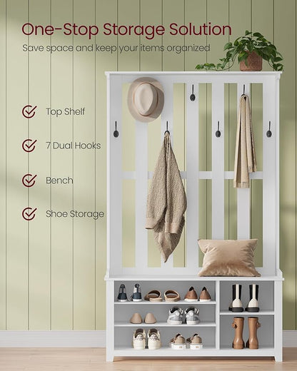 VASAGLE Hall Tree with Bench and Shoe Storage, Coat Rack with Shoe Bench, 7 Double Hooks for Jackets, Hats, Entryway, Bedroom, Living Room, 13.8 x 31.9 x 70.9 Inches, Matte White UHSR414WB01S