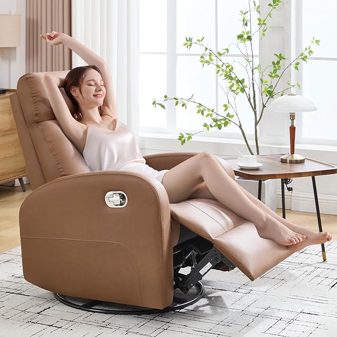 Swivel Rocker Recliner Chair, Manual Faux Leather Recliner, Glider Rocking Recliners 360°Swivel Nursery Reclining Chairs with Adjustable Headrest Highback for Living Room, Coffee