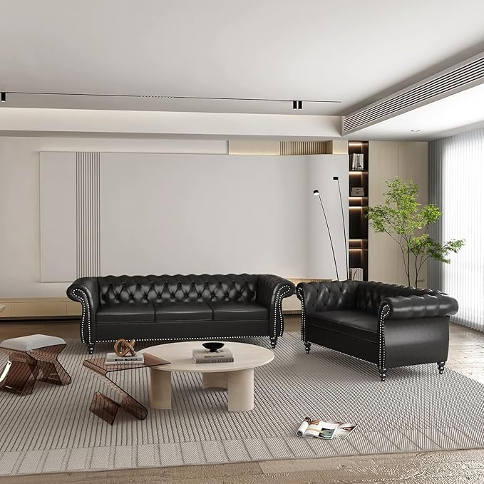 Chesterfield Loveseat Sofa, Modern Leather Small Sofa Couch 2 Seater with Rolled Arms and Nailhead, Mid Century Modern Loveseat Couch for Small Spaces Living Room Bedroom Apartment, Black