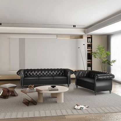 Chesterfield Loveseat Sofa, Modern Leather Small Sofa Couch 2 Seater with Rolled Arms and Nailhead, Mid Century Modern Loveseat Couch for Small Spaces Living Room Bedroom Apartment, Black