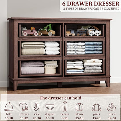 GarveeHome 6 Dresser for Bedroom, 47 in Wide Drawer Dresser with Storage Freestanding, Wooden Closet Storage Chest for Living Room, Bedroom, Entryway, Walunt