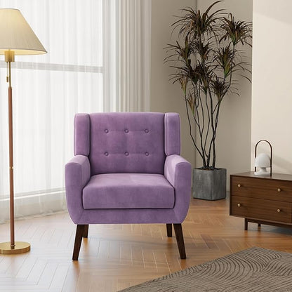 Accent Chair, Mid-Century Modern Velvet Fabric Chairs with Arms for Living Room, Comfy Upholstered Club Single Sofa Armchair for Bedroom Waiting Room with Solid Wood Frame (Velvet Purple, Set of 1)