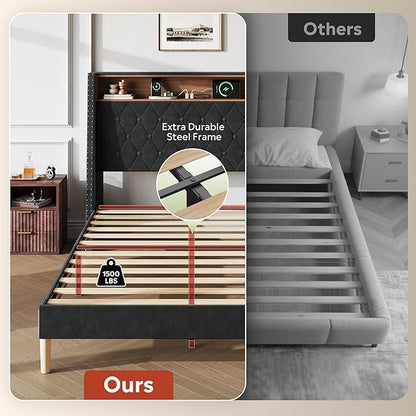 WLIVE Full Size Upholstered Bed Frame with Storage Headboard, Velvet Square Tufted Platform Bed with Charging Station, Sturdy Metal & Wooden Slats Support, No Box Spring Needed, Black