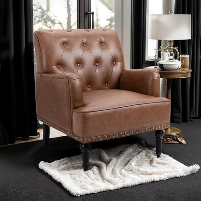 MOJAY Faux Leather Accent Chair Set of 2, Mid-Century Modern Living Room Chair Lounge Study Sofa Chair with Sturdy Wood Legs, Club Chair Armchair for Bedroom Home Study Reception (Brown)