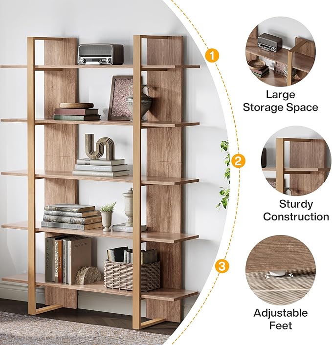 Tribesigns 5-Tier 47 Inches Bookshelf Bookcase, Boho Open Bookshelves Etagere Display Office Shelving Unit, for Living Room, Office & Bedroom, Metal & Wood, Retro Dark Brown