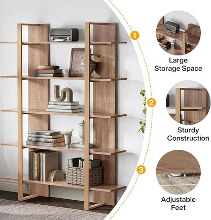 Tribesigns 5-Tier 47 Inches Bookshelf Bookcase, Boho Open Bookshelves Etagere Display Office Shelving Unit, for Living Room, Office & Bedroom, Metal & Wood, Retro Dark Brown