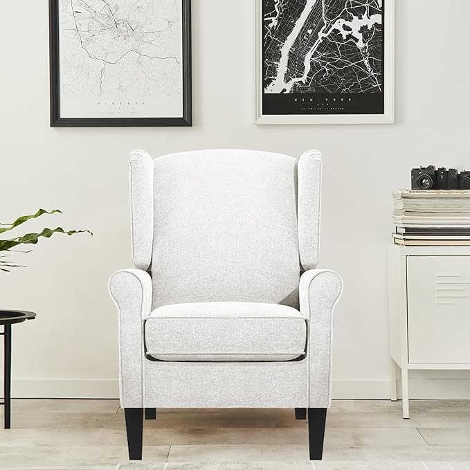 Accent Chairs for Living Room, Beige Fabric Reading Chair for Bedroom, Classic Wing Back Upholstered Single Sofa Seat, Modern Ergonomic High Back Armchair, Sillones para Sala