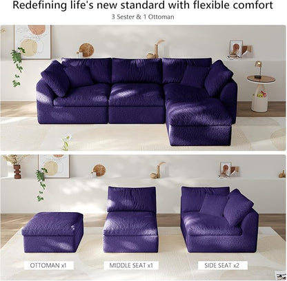 108" Boneless Cloud Couch Modular Sectional Sofa with Deep Seat for Living Room, L Shape Couch with Ottoman, Snowflake Cloth and 40D Memory Sponge，2 Throw Pillows (Purple, 3 Seater+1 Ottoman)