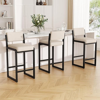 Bar Stools Set of 2, Fabric Counter Height Bar Stools with High Back and Metal Legs, Upholstered Bar Chairs, 26" Modern Barstools for Kitchen Island, Camel