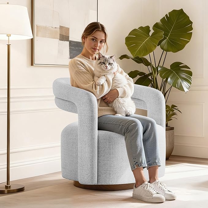 Swivel Accent Chair, Upholstered Barrel Chair with Open Back Design, Modern Arm Chair with Wooden Base for Living Room Bedroom Reading Waitingroom, White