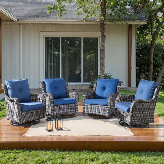 HUMMUH Outdoor Swivel Rocker Wicker Patio Chairs High Back PE Rattan Glider Chairs 4PCS Patio Furniture Set(Grey,Blue)